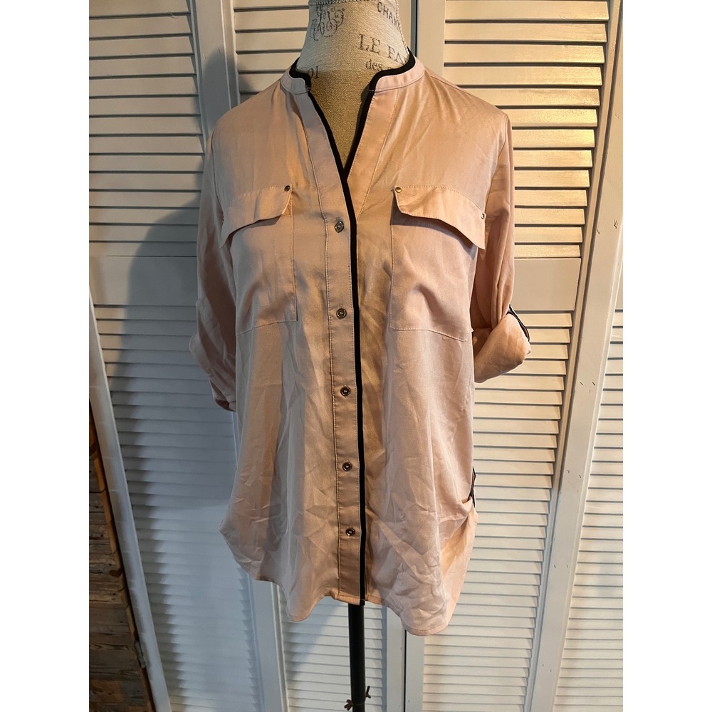 Calvin Klein Womens Blush Pink Black Trim Roll Tab Sleeve Blouse Size L